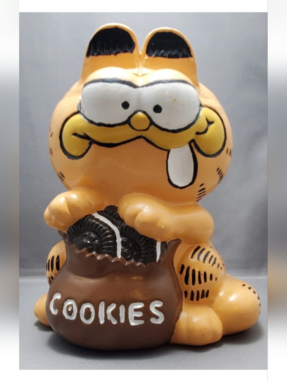 Vintage Garfield Piggy Bank- Orange Ceramic Cat with Cookie Sack 1982